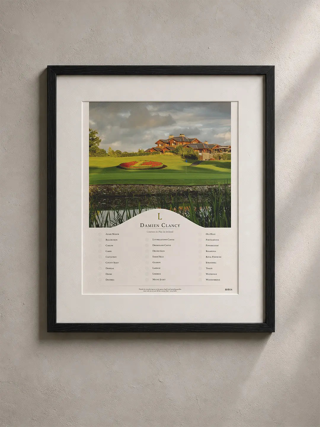 A framed BHÍOS golf photograph with a hand cut conservation mount and black timber frame.