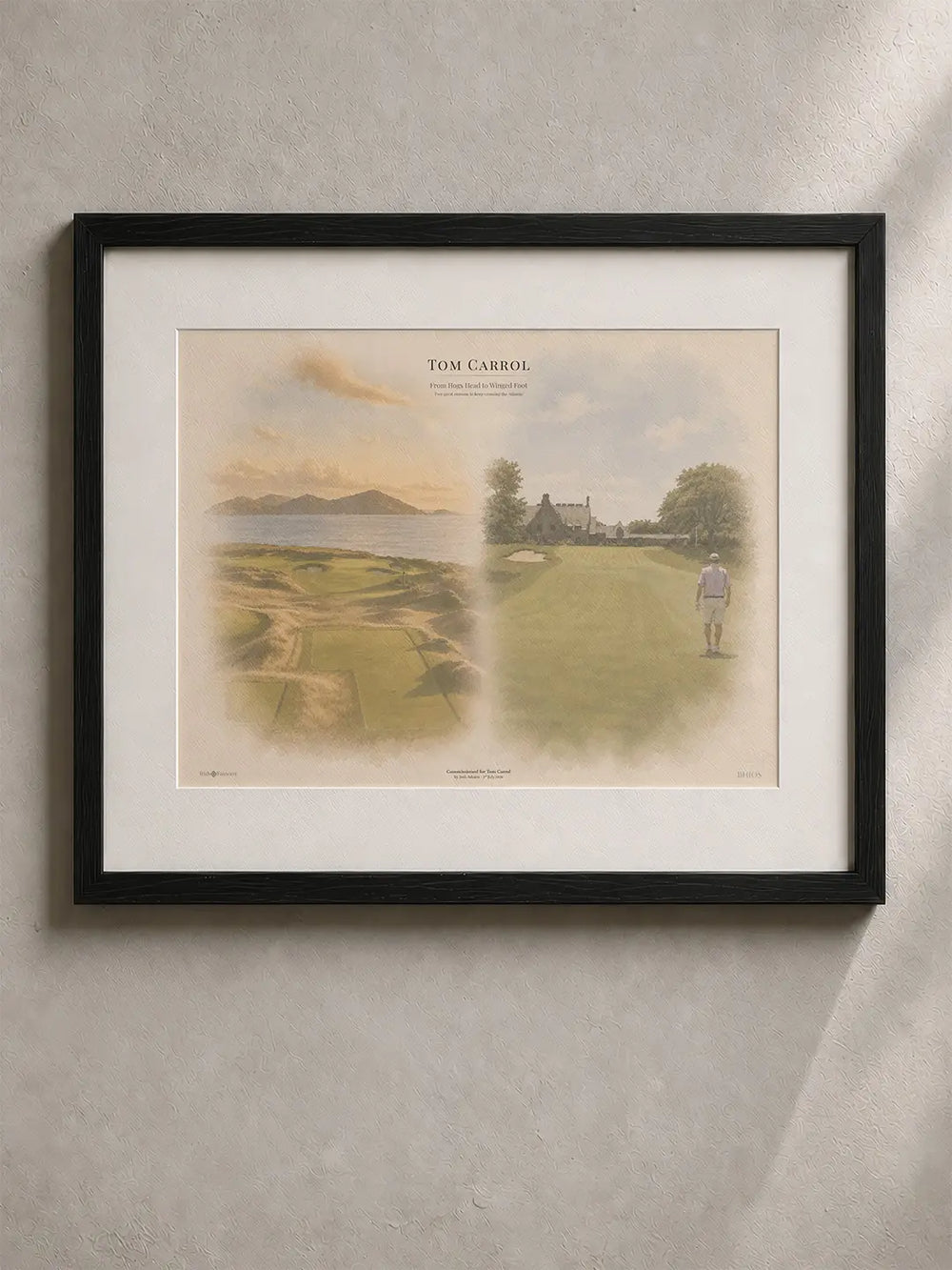 A custom BHÍOS golf illustration, hand drawn and finished in a black timber frame.