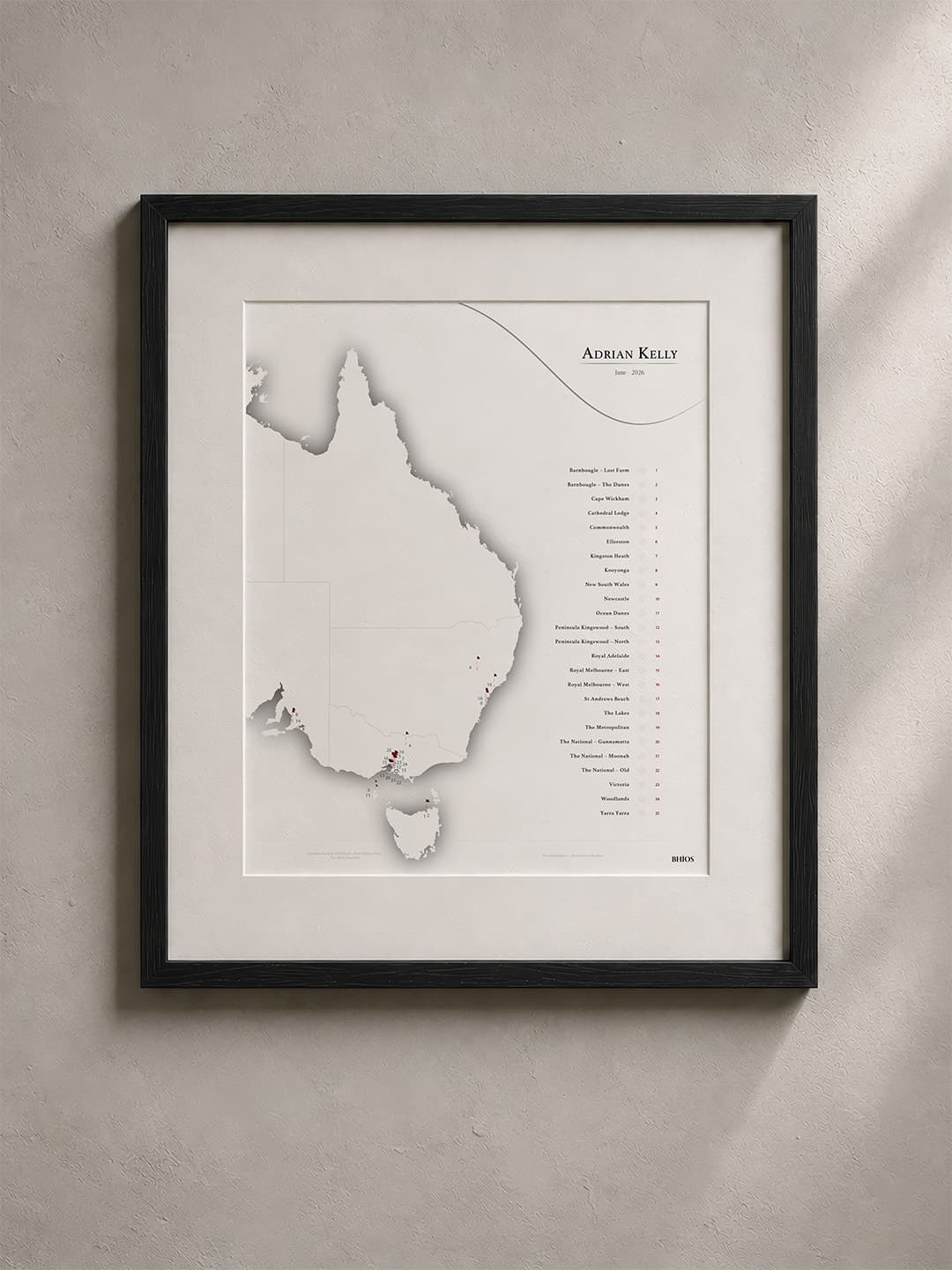 A framed BHÍOS map of Australia's golf courses, hand finished and hook fitted.